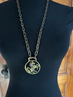 Vintage Bronze Horse Medallion Pendant Necklace - Gold Tone